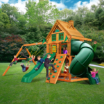 Gorilla Playsets Mountaineer Treehouse Wood Swing Set with Wood Roof, Tube Slide, and Rock Wall, Amber - Image 4