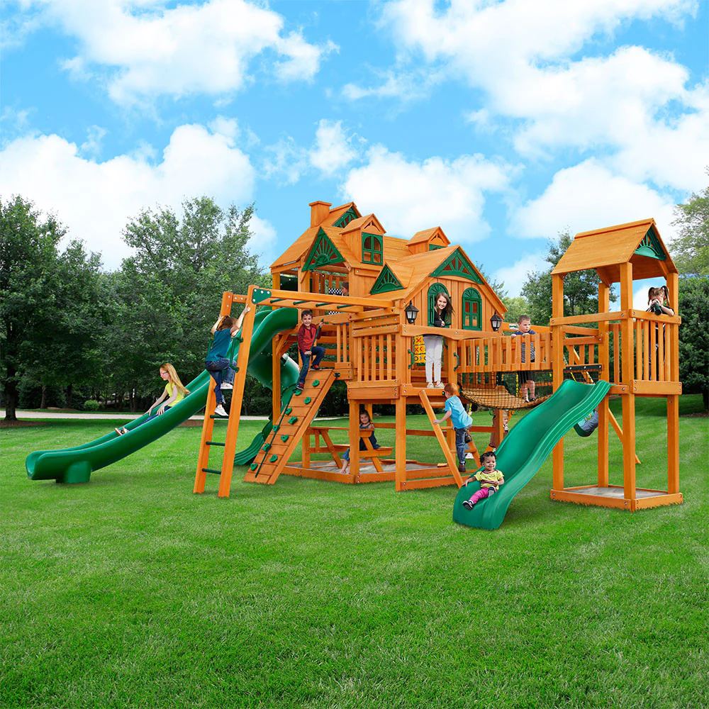Gorilla Playsets Empire Extreme Wooden Swing Set with Monkey Bars, Clatter Bridge & Triple Slides - Image 2