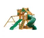 Gorilla Playsets Mountaineer Treehouse Wood Swing Set with Wood Roof, Tube Slide, and Rock Wall, Amber