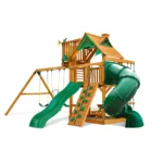 Gorilla Playsets Mountaineer Treehouse Wood Swing Set with Wood Roof, Tube Slide, and Rock Wall, Amber