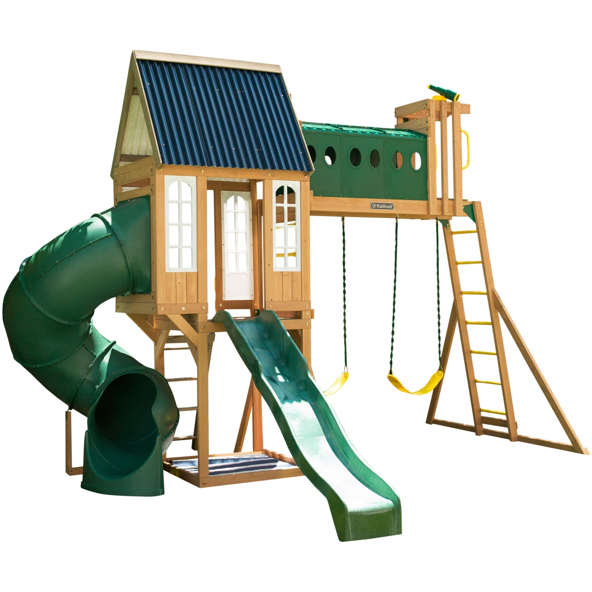 Skyway+Resort+Wooden+Outdoor+Swing+Set+_+Playset+with+Tunnel,+Tube+Slide+and+Swings KidKraft Skyway Resort Wooden Swing Set – Cedar Playset for Kids | F29340 - Image 1