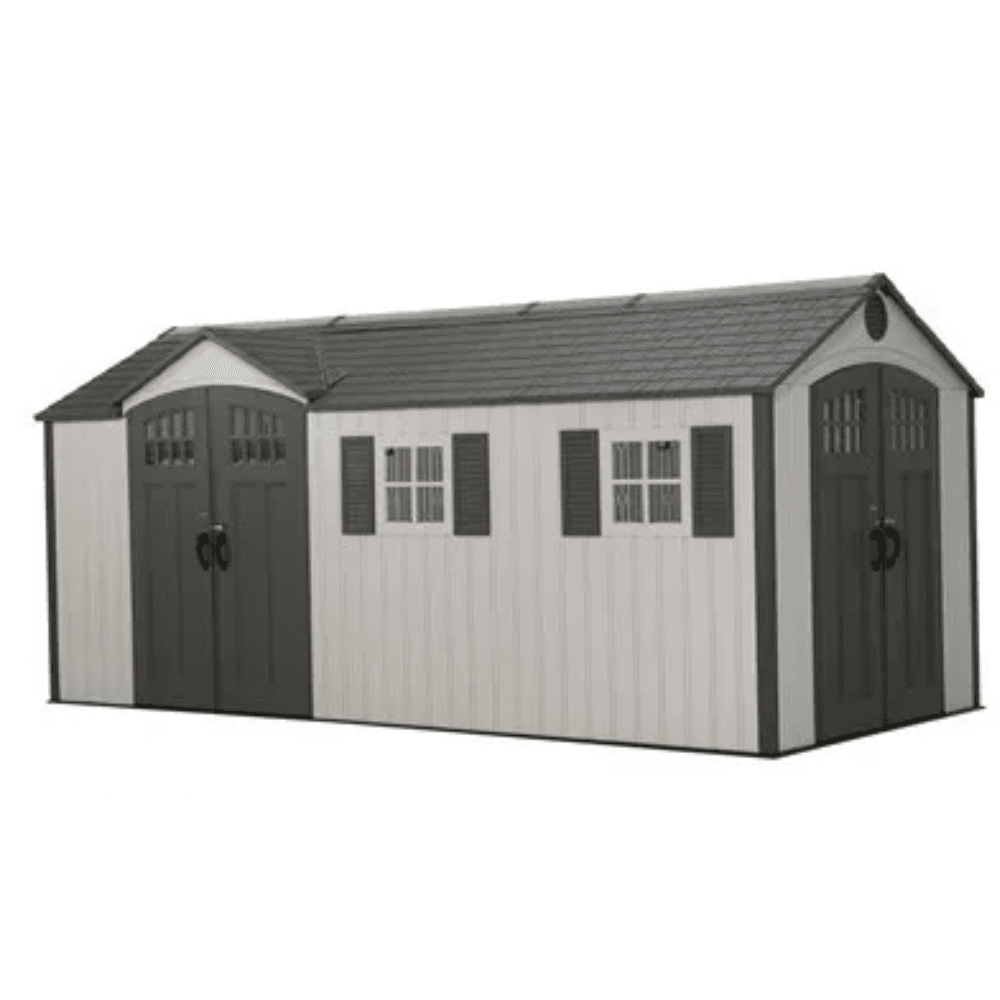 pop-product-252-image-1.png Lifetime 8′ x 17.5′ Outdoor Storage Shed Dual Entry, Tan - Image 1